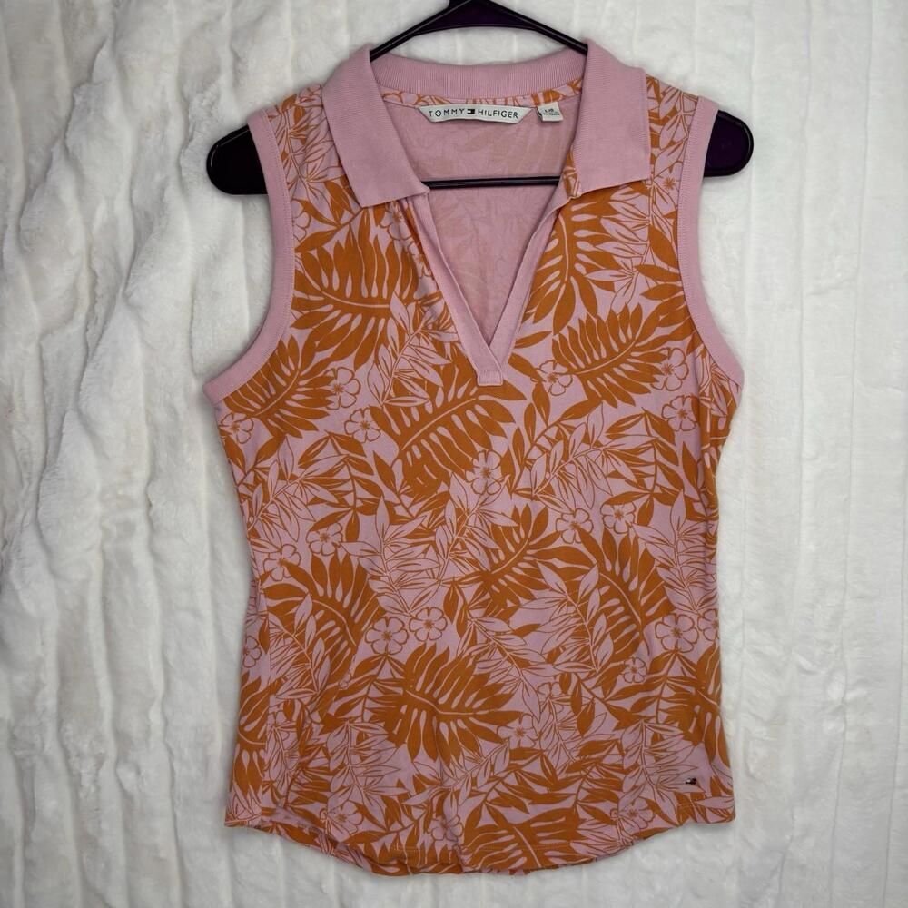 Vintage Tommy Hilfiger Women’s Pink Floral Tank Top Polo Collar Large L y2k 90s